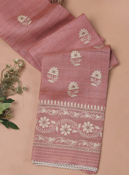Peach Tussar Embroidery Unstitched Suit