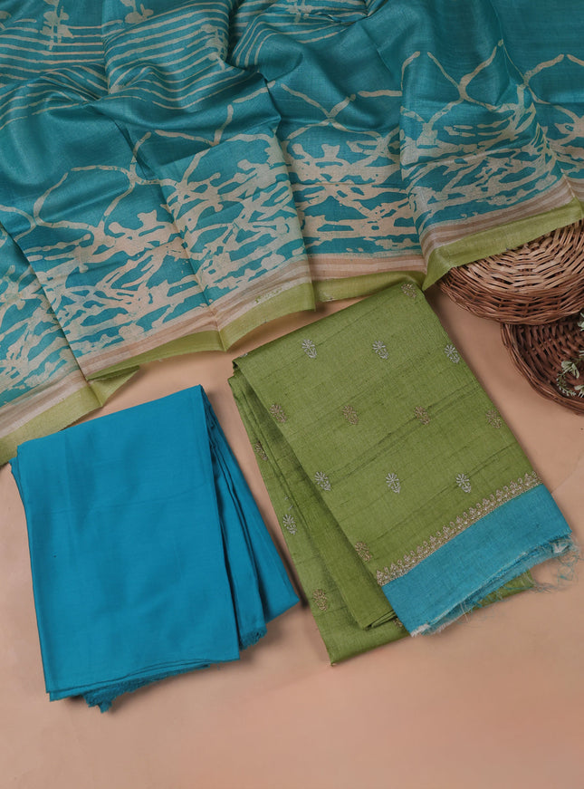 Light Green Tussar Embroidery Unstitched Suit