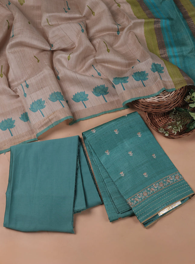 Teal Green Tussar Embroidery Unstitched Suit