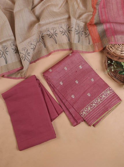 Dark Peach Tussar Embroidery Unstitched Suit