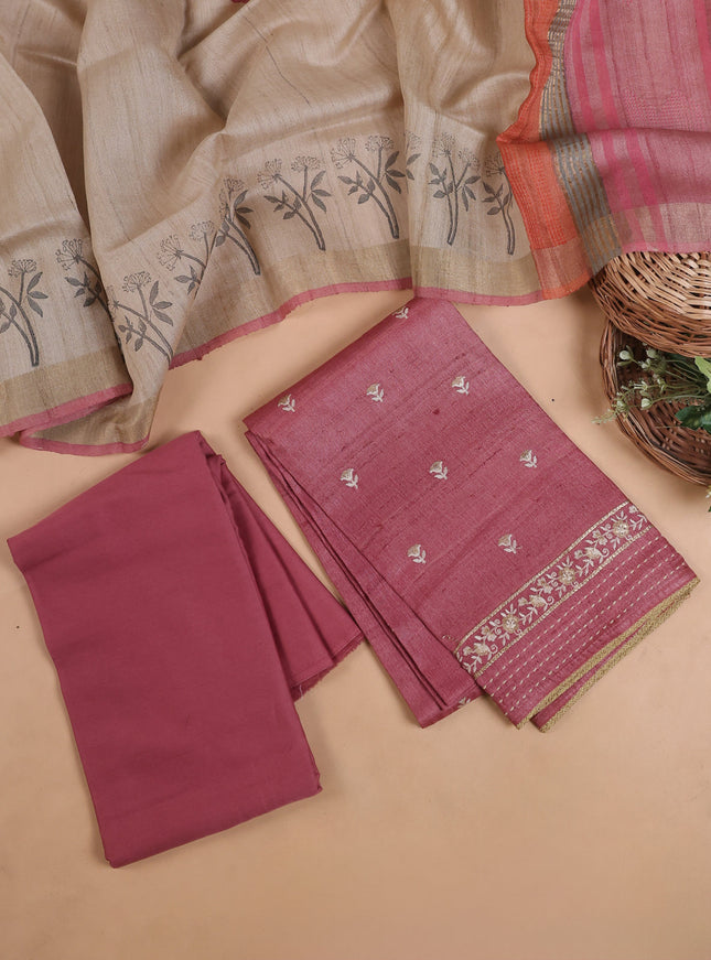 Dark Peach Tussar Embroidery Unstitched Suit