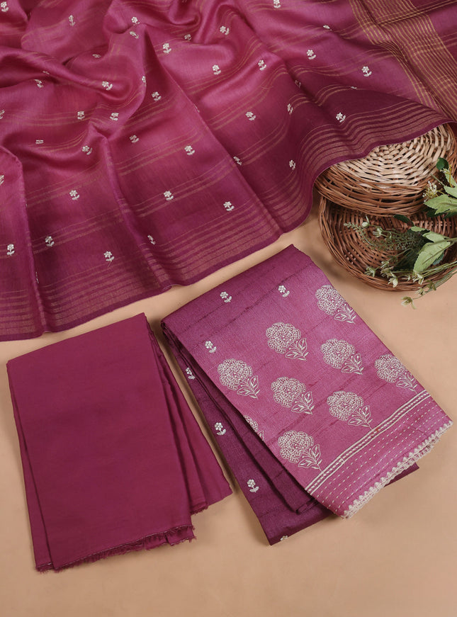 Magenta Pink Embroidery Tussar Unstitched Suit