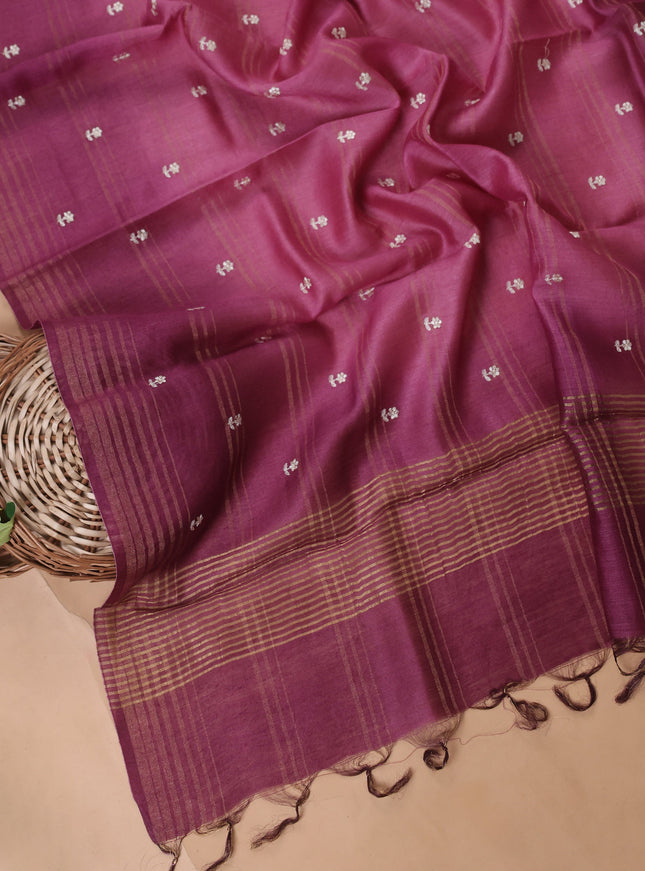 Magenta Pink Embroidery Tussar Unstitched Suit