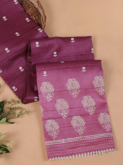 Magenta Pink Embroidery Tussar Unstitched Suit