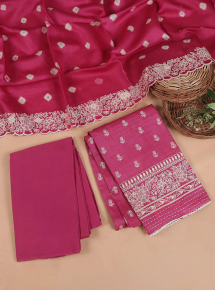 Rani Pink Tussar Embroidery Unstitched Suit