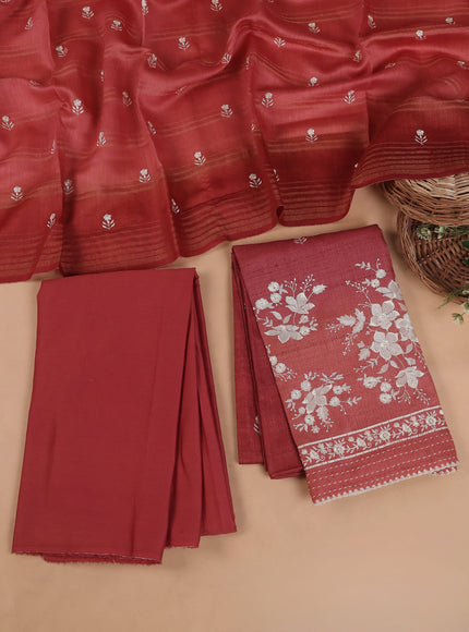 Rust Tussar Embroidery Unstitched Suit
