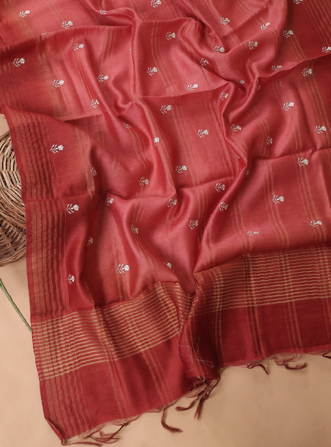 Rust Tussar Embroidery Unstitched Suit