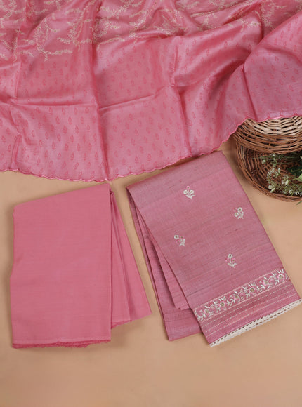 Peach Pink Tussar Embroidery Unstitched Suit