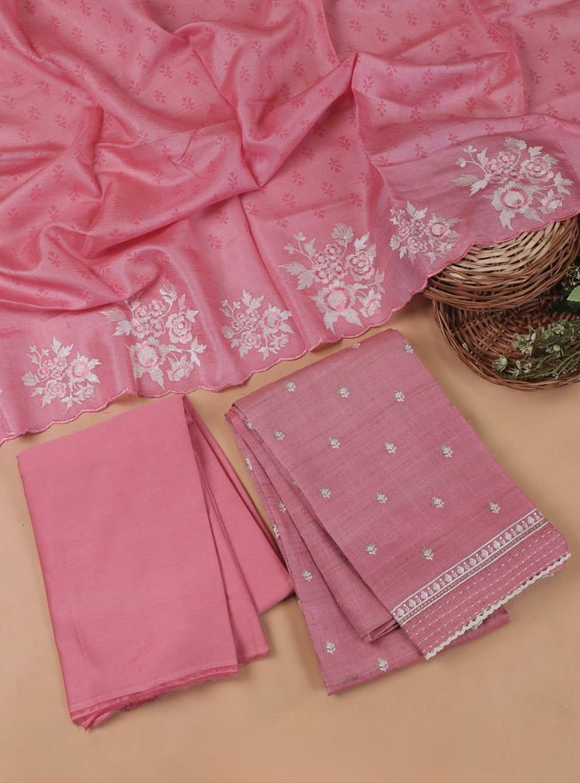 Peach Tussar Embroidery Unstitched Suit