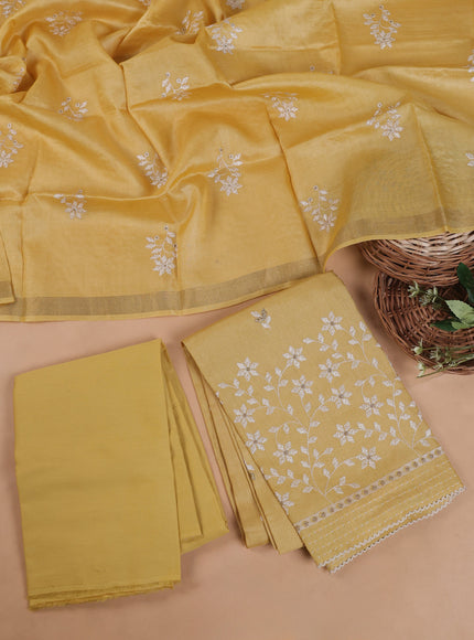 Yellow Tussar Embroidery Unstitched Suit