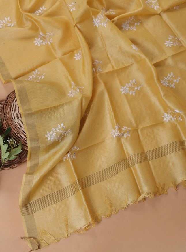Yellow Tussar Embroidery Unstitched Suit