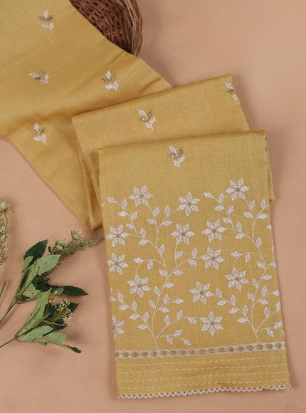 Yellow Tussar Embroidery Unstitched Suit