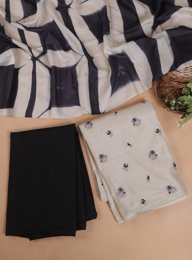 Beige- Black Tussar Embroidery Unstitched Suit