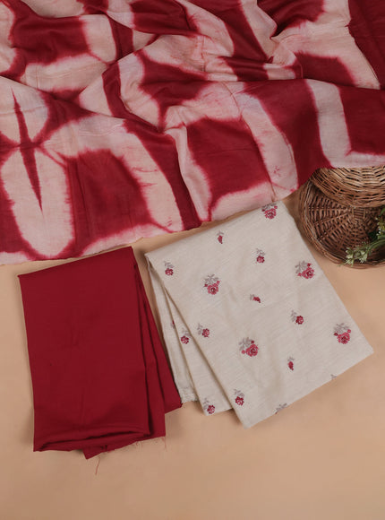 Beige - Maroon Tussar Embroidery Unstitched Suit