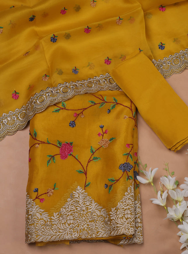 Yellow Organza Embroidery Unstitched Suit