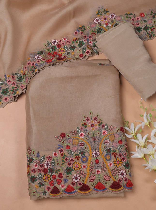 Beige Organza Embroidery Unstitched Suit