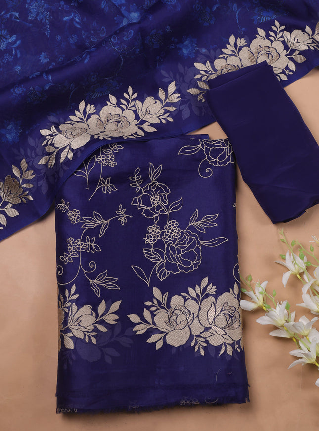 Royal Blue Embroidery Organza Unstitched Suit