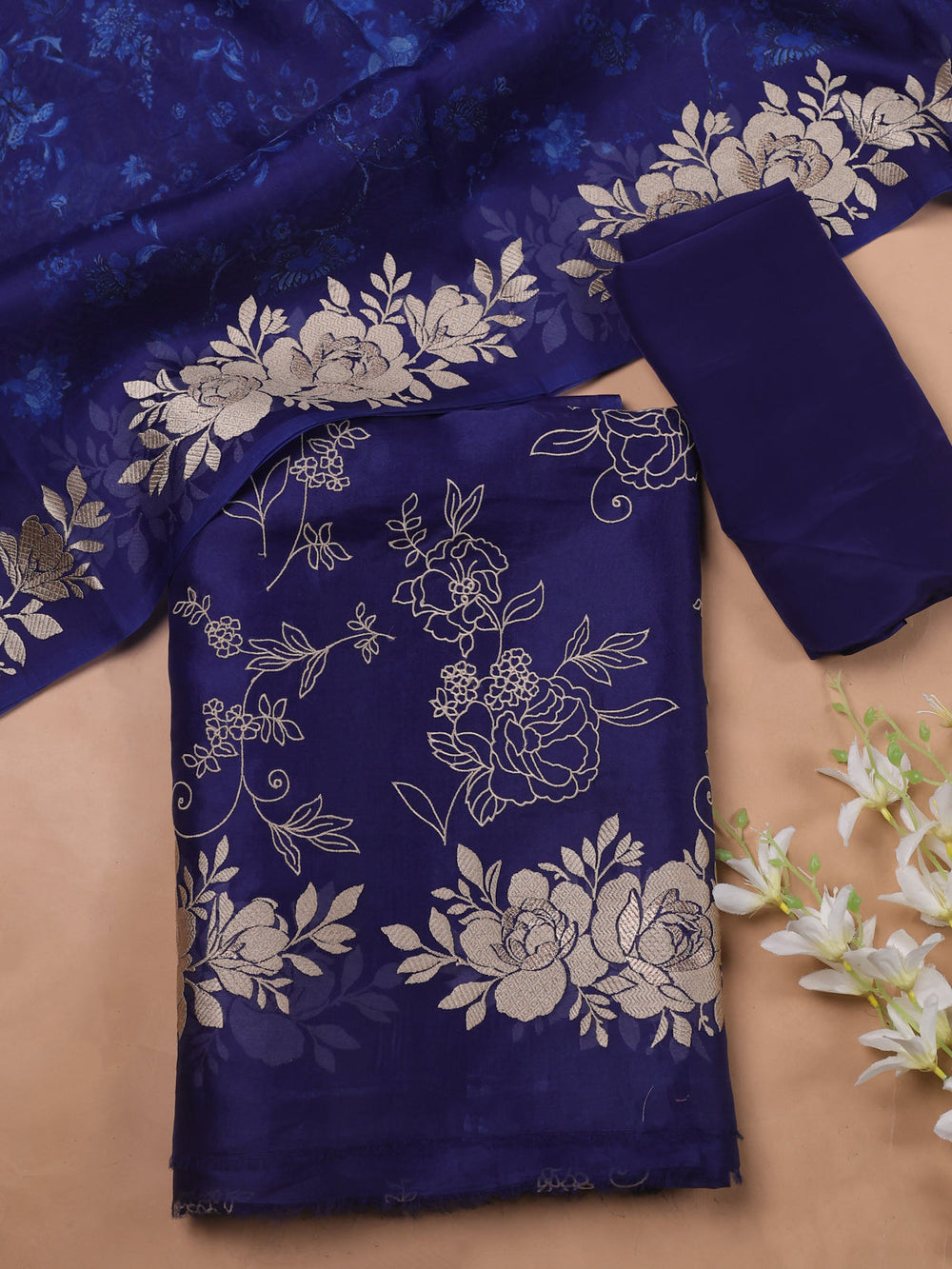 Royal Blue Embroidery Organza Unstitched Suit