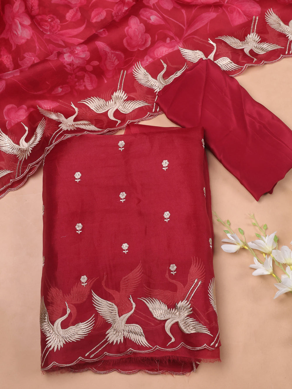 Maroon Organza Embroidery Unstitched Suit