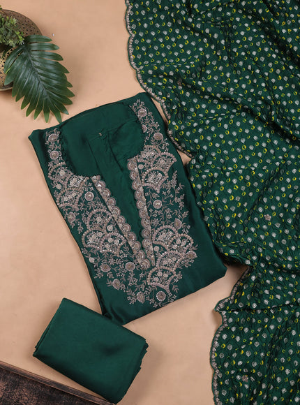 Bottle Green Silk Embroidery Unstitched Suit