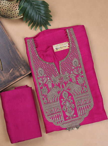 Raw Silk Rani Pink Embroidery Unstitched Suit