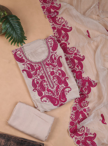Cream Tussar Silk Embroidery Unstitched Suit