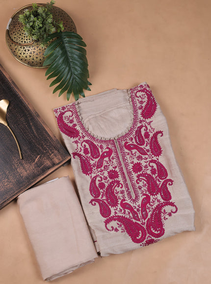 Cream Tussar Silk Embroidery Unstitched Suit