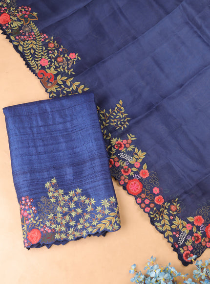 Navy Blue Tussar Embroidery Unstitched Suit