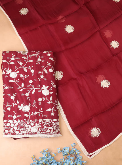 Maroon Tussar Embroidery Unstitched Suit