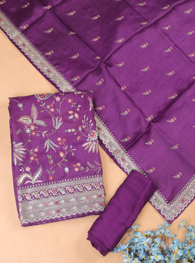 Purple Tussar Embroidery Unstitched Suit