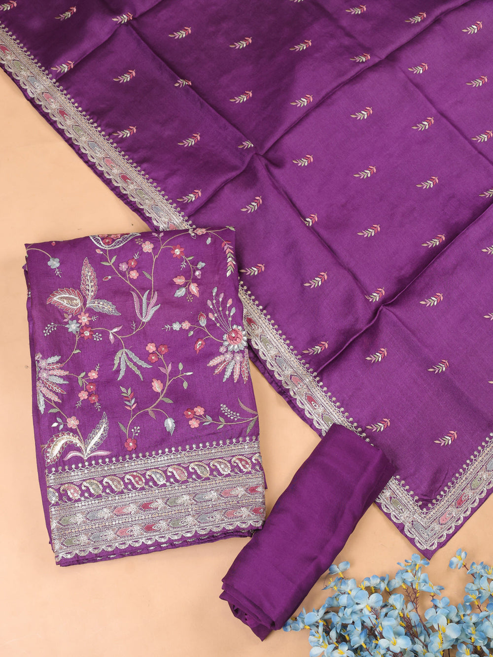 Purple Tussar Embroidery Unstitched Suit