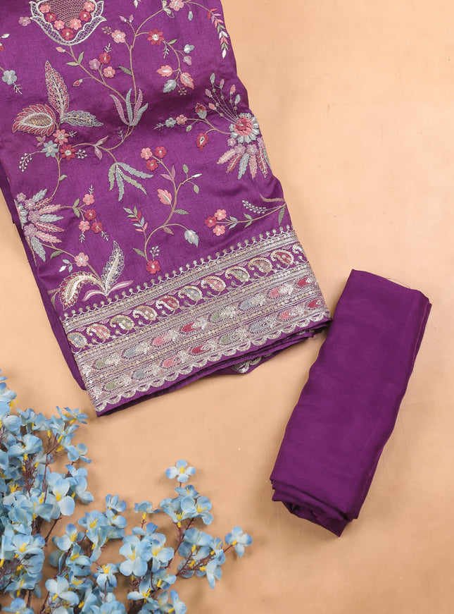 Purple Tussar Embroidery Unstitched Suit