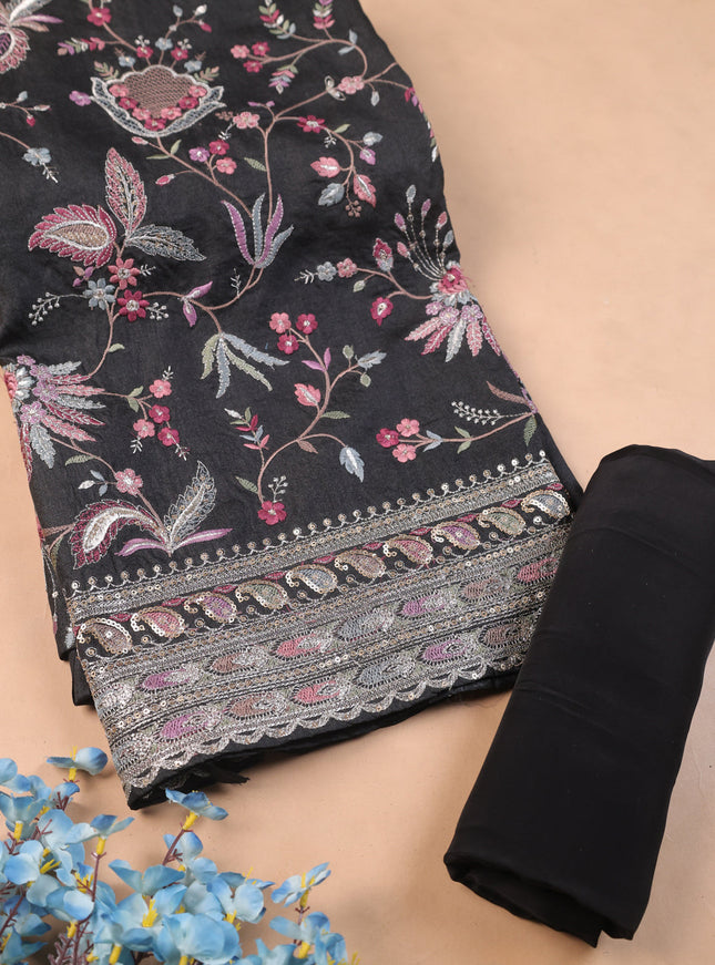 Black Tussar Embroidery Unstitched Suit