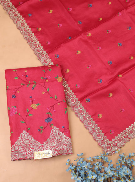 Red Tussar Embroidery Unstitched Suit