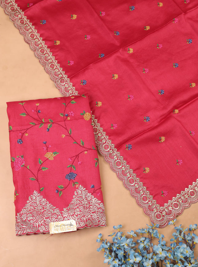 Red Tussar Embroidery Unstitched Suit