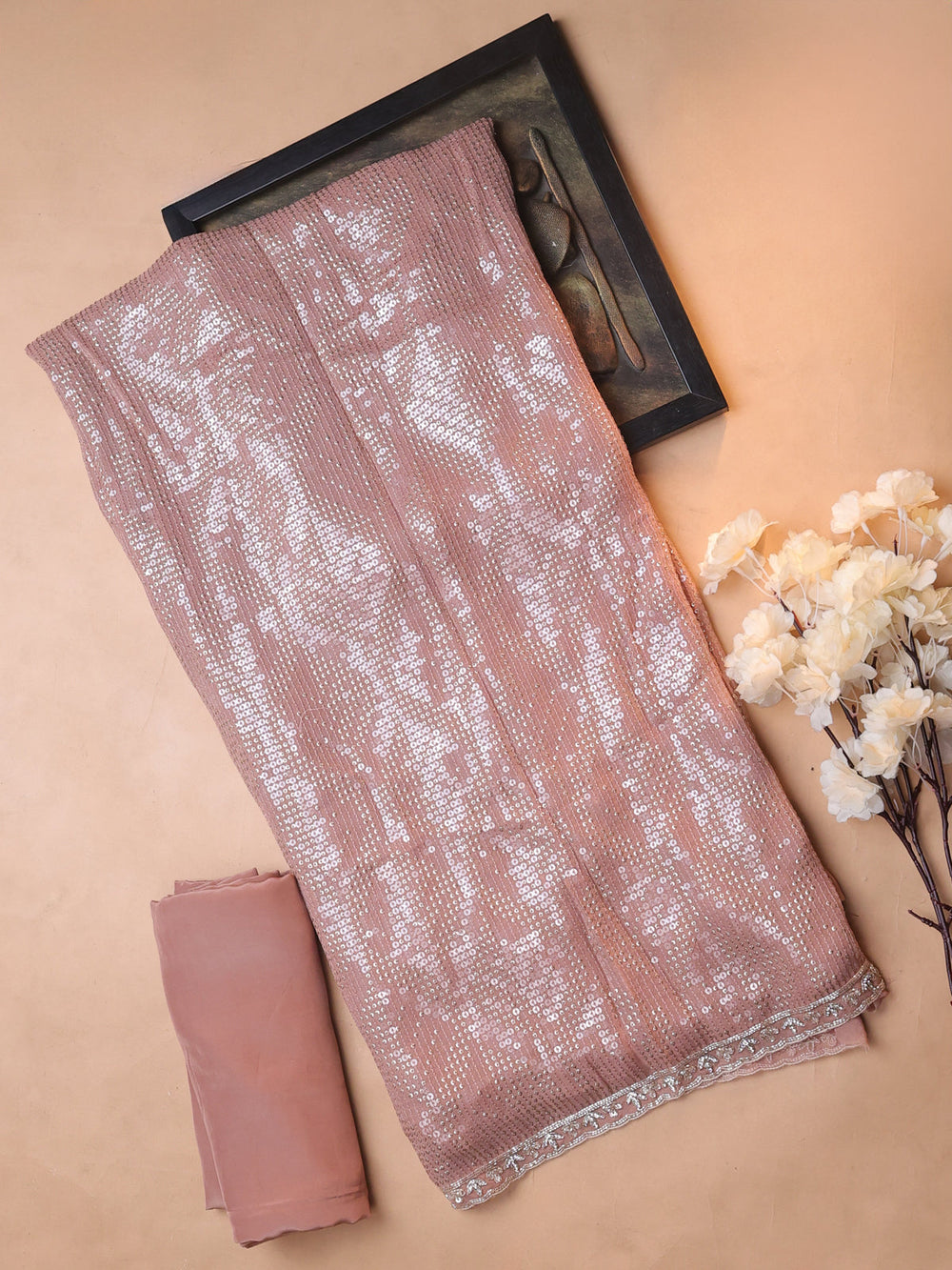 Dark Peach Georgette Sequin Embroidery Unstitched Suits