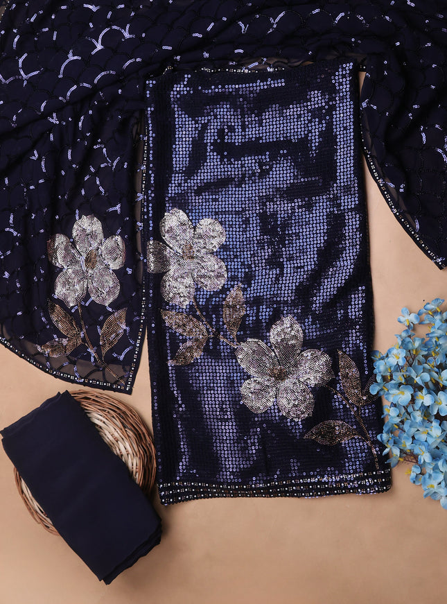 Navy Blue Georgette Sequin Embroidery Unstitched Suits