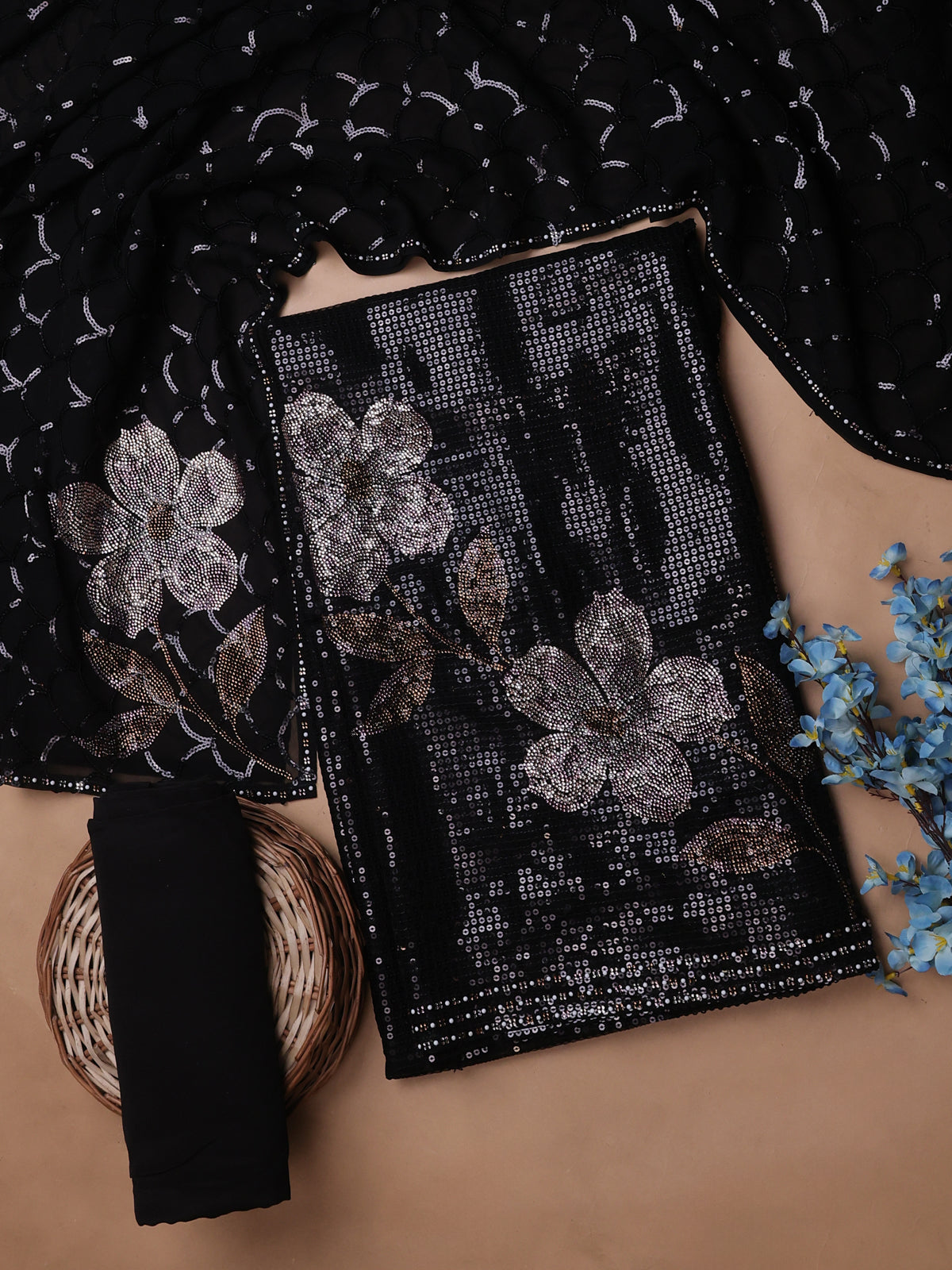 Black Georgette Sequin Embroidery Unstitched Suits