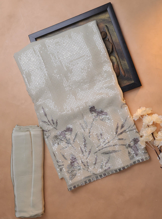 Beige Sequin Embroidery Unstitched Suits