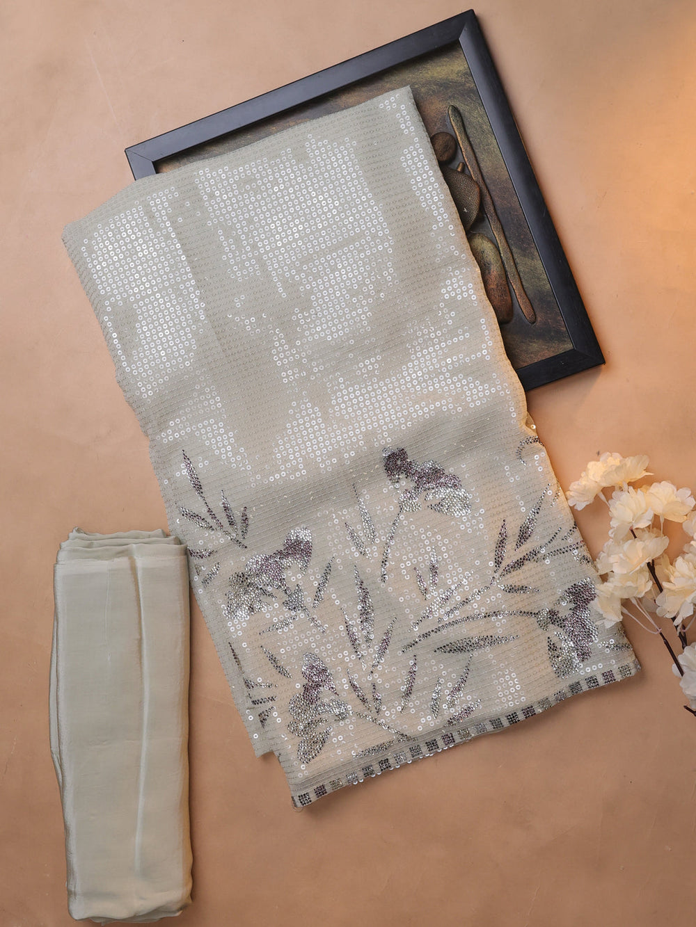 Beige Sequin Embroidery Unstitched Suits