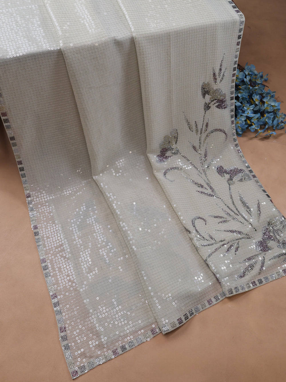 Beige Sequin Embroidery Unstitched Suits