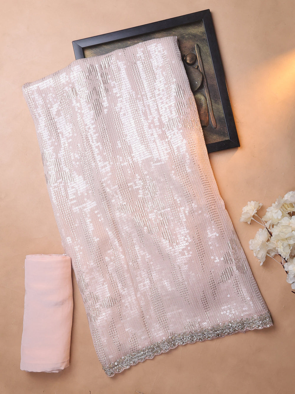 Peach Georgette Sequin Embroidery Unstitched Suits