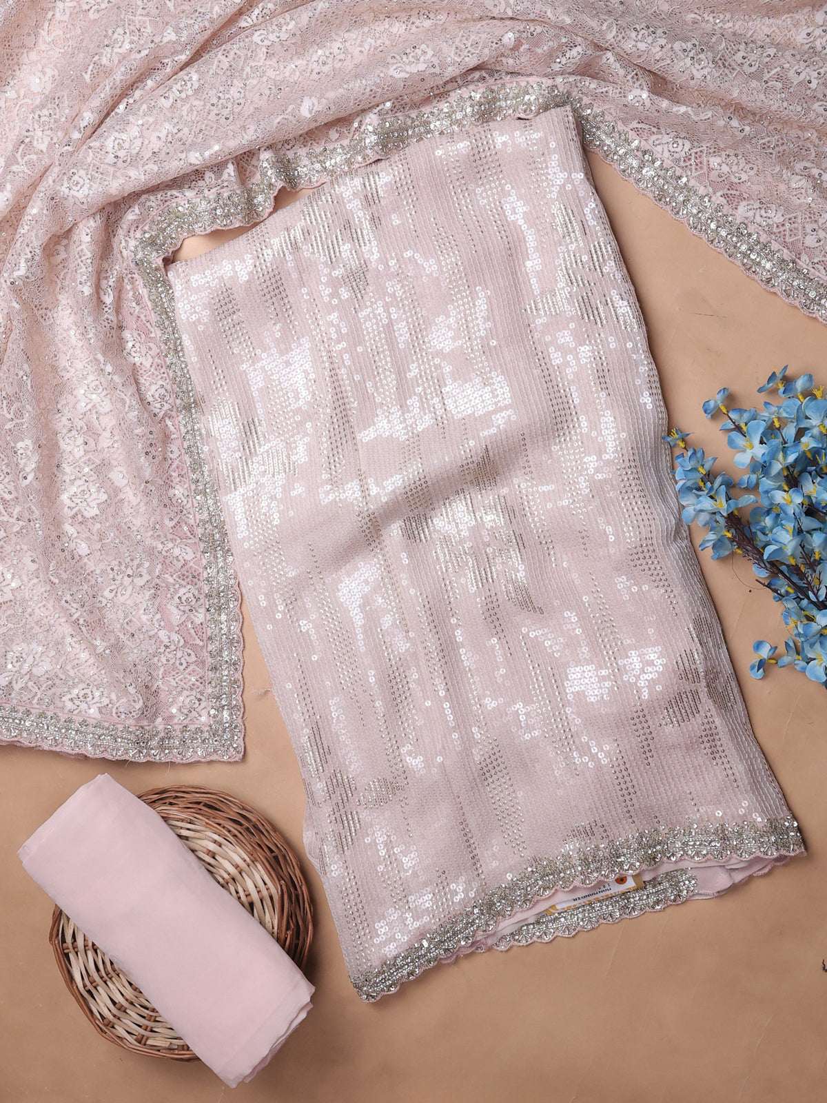 Peach Georgette Sequin Embroidery Unstitched Suits