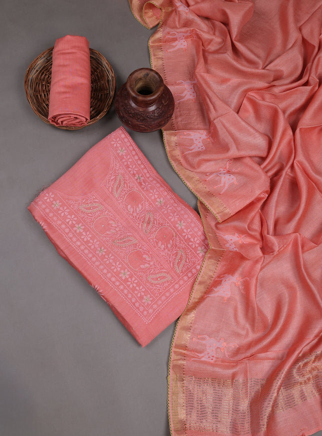 Peach Tussar Embroidery Unstitched Suit