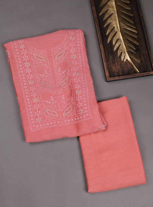 Peach Tussar Embroidery Unstitched Suit