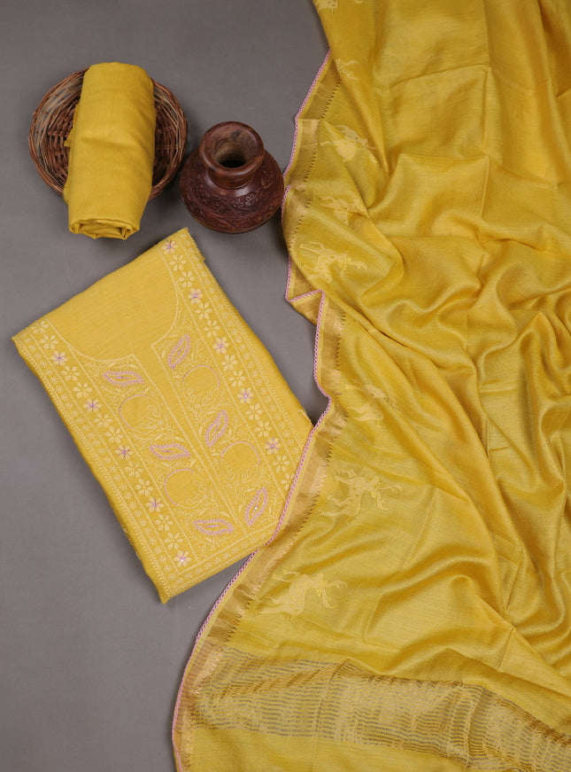 Yellow Tussar Embroidery Unstitched Suit