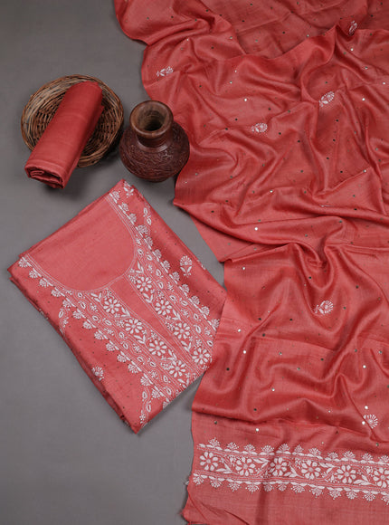 Peach Tussar Embroidery Unstitched Suit