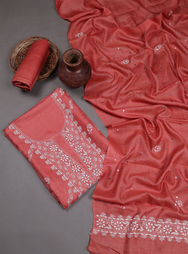 Peach Tussar Embroidery Unstitched Suit