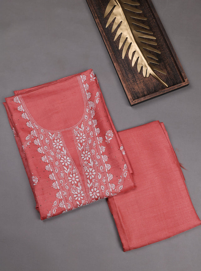 Peach Tussar Embroidery Unstitched Suit