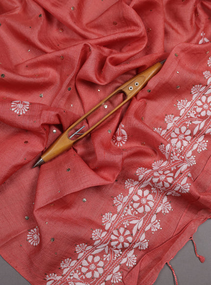 Peach Tussar Embroidery Unstitched Suit